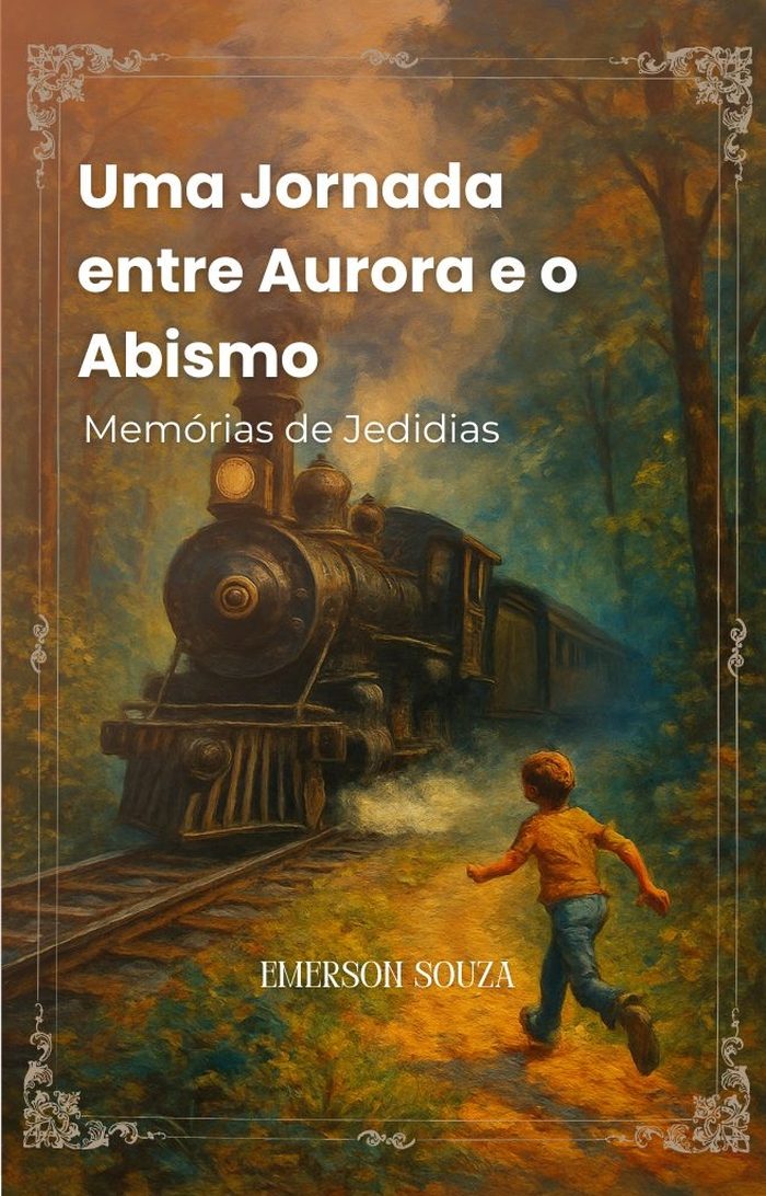 Capa de Uma Jornada entre Aurora e o Abismo: Memórias de Jedidias, de Emerson Souza — menino correndo ao lado de uma locomotiva em uma floresta ao entardecer